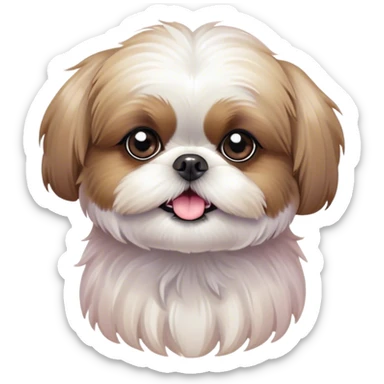 Cinematic Cute Shih Tzu Portrait Emoji, Head playfully tilted with large, sparkling eyes and a fluffy, endearing fur in gentle, pastel tones, simplified yet irresistibly charming, highly detailed, glowing with a warm, cuddly radiance, high shine, radiating affectionate and joyful energy, styled with a soft, playful outline, capturing the essence of a cute Shih Tzu that seems destined to charm everyone in its path! sticker