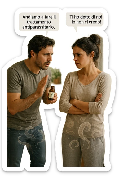 A highly realistic, cinematic photo of a young couple in their early 30s having an argument in a bright modern kitchen. The man, athletic build, wearing a casual T-shirt and jeans, is speaking firmly with a raised hand holding a small amber glass bottle labeled with a subtle herbal symbol, saying 'Andiamo a fare il trattamento antiparassitario' with a determined expression. The woman, with long dark hair tied in a messy bun, casual home outfit, crosses her arms with an angry, defensive expression, replying 'Ti ho detto di no! Io non ci credo!' while slightly turning away. Tension is visible in their body language, with the man leaning forward trying to explain and the woman leaning back, her eyebrows furrowed. Around them, subtle ghostly overlays of microscopic parasites are faintly visible near their abdominal areas, symbolizing the hidden reason for the argument. The kitchen is bright and modern with plants and natural light, contrasting the emotional tension. The style is hyperrealistic with warm tones and shallow depth of field focusing on their facial expressions, illustrating the conflict between belief in natural treatments and skepticism within the couple regarding hidden parasitic infections. in italiano sticker