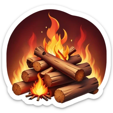 Cinematic Realistic Campfire, a roaring flame crackling atop carefully arranged logs, embers glowing deep red, golden light casting soft flickering shadows, gentle smoke drifting upwards, glowing with warmth and coziness. sticker