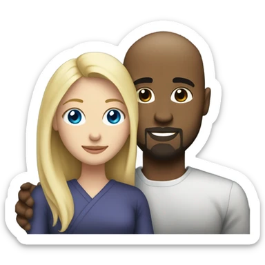 Blonde woman with blue eyes and long straight hair and black man who is bald with a goatee with their arms wrapped around each other very lovingly.   sticker