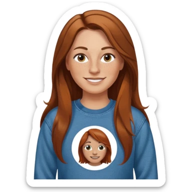 A 38 year old white woman with long brown hair parted in the middle. She has a nose ring. She has freckles and is wearing a sweatshirt and jeans smiling sticker