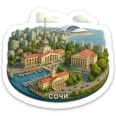 Изометричная, яркая, детализированная и фотореалистичная иллюстрация панорамы города Cочи на круглой подставке в стиле 3D-коллажей городов, здание Морского Порта, Зимний театр, стадион Фишт, море чёткие линии, слегка мультяшная стилистика, прозрачный фон, не обрезать края картинки sticker