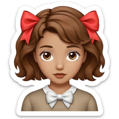 Girl with wavy brown short hair with a bow in her hace and medium skin  sticker
