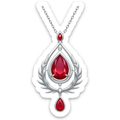 cosmic phoenix talisman: teardrop ruby radiating rebirth energy, ember edges, silver chain floating sticker