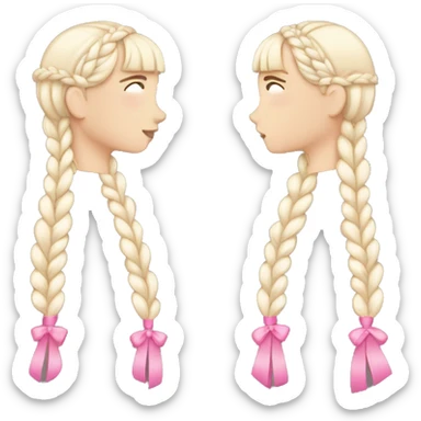 A white girl wearing white T-shirt with two braids and bangs with pink ribbon bow on each braid sticker