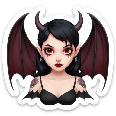 Demon girl, entire skin solid red, black hair, horns, bat wing, black dress, tattoo-flash comic. sticker