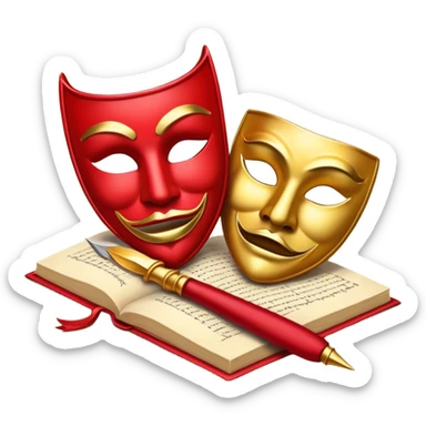 Create a bold and dramatic emoji representing the art of playwriting. The design should feature an open script or a theater playbook, with stylized text inside. Include elements like a theatrical comedy and tragedy masks, a stage spotlight, or a writting quill to symbolize creativity and performance. Use deep, contrasting colors like red, black, and gold to evoke the intensity and passion of drama. The overall design should feel dramatic, inspiring, and artistic. Make the background transparent. sticker