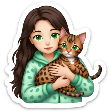 girl with green eyes and long brown hair holds a bengal kitten in her arms sticker