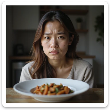 vertical 9:16 portrait of a woman with PCOS looking at her ketogenic plate with a disappointed expression, face with acne, chin facial hair, thin hair, home environment, hyperrealistic 4K details sticker