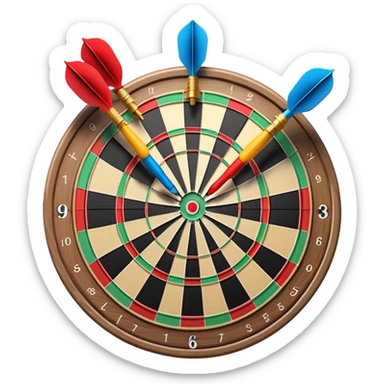 A dartboard with darts firmly stuck in the bullseye, surrounded by the colorful sections of the target. The background conveys a competitive atmosphere, with a subtle focus on precision and skill in the game of darts. sticker