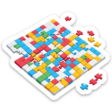 A photorealistic icon with a colorful, fragmented crossword magazine, a 3D puzzle, and a partially completed puzzle on a table. Bright, detailed design with realistic lighting. Transparent background, clearly symbolizing puzzles and brain games. sticker