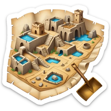 An icon showing an ancient city excavation site with uncovered ancient vessels, an old map, and a shovel. The design captures the thrill of uncovering historical treasures and ruins. Transparent background highlights the excitement of archaeological discovery. sticker