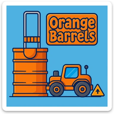 Add a sign next to the orange road construction barrel that says 'Orange Barrels' in a playful cartoon font. Keep the bright, fun background. sticker