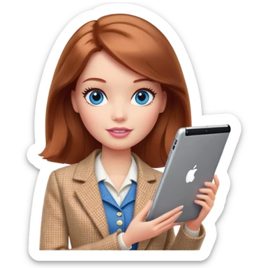 A Barbie girl with blue eyes, shoulder-length reddish-brown hair, made-up, wearing a beige tweed jacket and a beige skirt,  with a iPad sticker