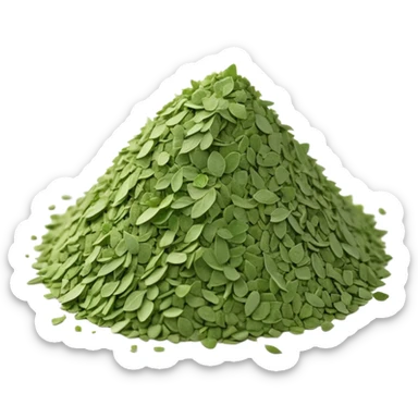 small irregular mound of finely crumbled green herb flakes, dusty uneven texture, natural color variation from sage to dark green, airy light appearance, apple emoji style, soft lighting, subtle shadows, emoji scale sticker