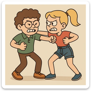 Fighting a boy brown Curly hair circle glasses green Pro polo brown jeans orange shoes and a girl Yellow ponytail hair red shirt high waisted dark blue denim shorts blue shoes sticker