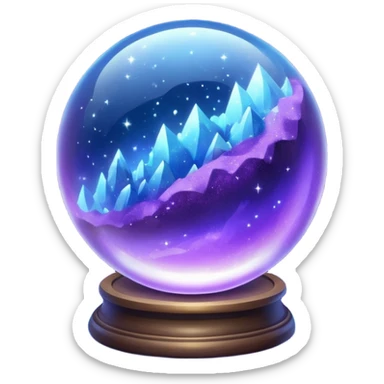 a magical glass sphere filled with flaoted purple and blue dust, glowing, shining 3d sticker