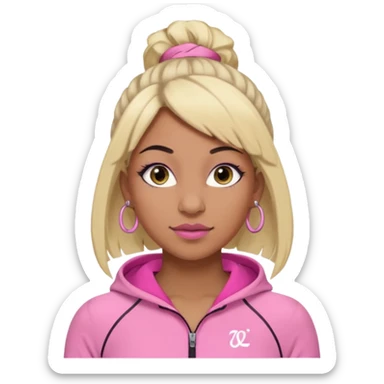 crée moi une jeune adulte brownskin au yeux brider marron foncer et une perruque blonde avec des baby hairs , un ensemble lululemone rose percing au nez et les oreilles remplis un petit full face de londonniennes des gros faux cils bien charger  sticker