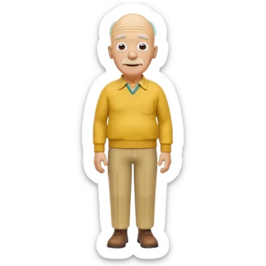 A 3D cartoon elderly man entirely yellow, styled like Grandpa Simpson, bald head with few hair strands, wrinkled face, yellow shirt and trousers, kind smile, cinematic Memoji-style render matching other Simpsons characters. sticker