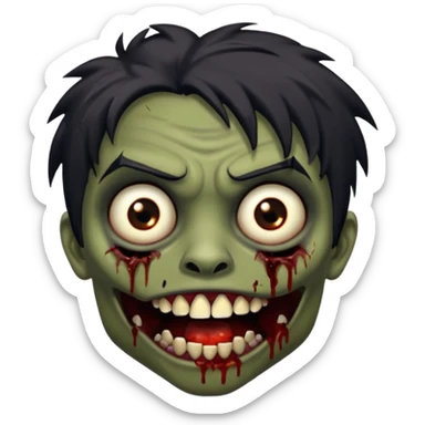 Brown-skinned zombie with messy black hair, wide centered brown eyes, dark bloody marks under the eyes, and a slightly open mouth showing crooked teeth grillz, giving a distressed, undead look. sticker