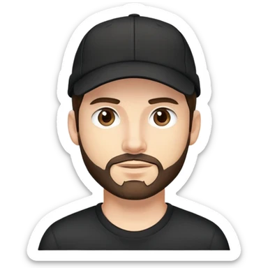 a white bro, with brunette hair, with a black cap, a black shirt and a stubble beard sticker