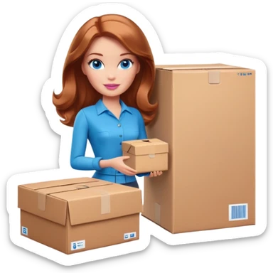 Barbie with shoulder-length reddish-brown hair, blue eyes with makeup, brown clothes , stands with a parcel box sticker