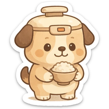 rice cooker dog in chibi style, round belly, holding a rice bowl, soft cream and brown palette, full-body sticker