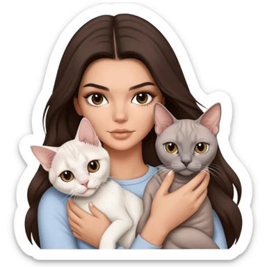 brunette Kendall Jenner with long hair holding on the hands a british white british cat and a grey Sphynx cat sticker