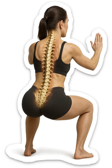 donna di spalle che fa squat con spina dorsale anatomica in evidenza, iperrealistica 4k sticker
