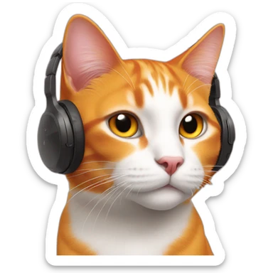 orange cat, pink nose, white nose bridge, white mouth, white chest, wearing red headphones sticker