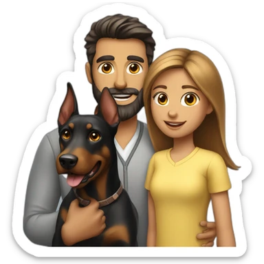 A  man with beard and with a beautiful girl playing with a boy Doberman dog sticker