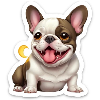 Cinematic Cute Yawning Pied French Bulldog Portrait Emoji, Head tilted with an exaggerated, endearing yawn and sleepy, squinty eyes, showcasing a unique pied fur of contrasting colors with a playful expression, simplified yet irresistibly adorable, highly detailed, glowing with a soft, cozy radiance, high shine, exuding a relaxed, humorous charm, styled with a gentle, soft glowing outline, capturing the essence of a Pied French Bulldog in a blissfully cute yawn that warms the heart! sticker