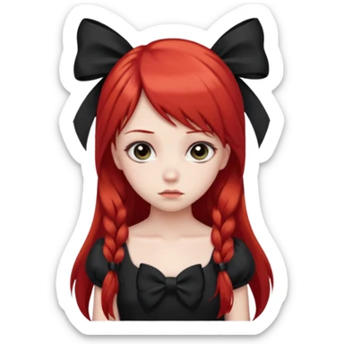 red long twin tail hair girl with black bow on her hair wearing black dress with a sad face sticker