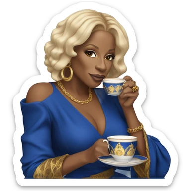 Mary j blige drinking tea with blue and gold locs wearing a royal blue and gold dress  sticker