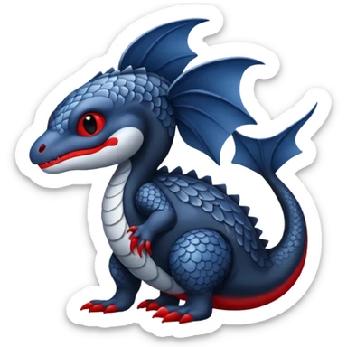 midnight blue-gray-black, with red markings, white belly, scaley Bastet-Noibat-Gatomon-Garchomp-Sergal-Digimon-Fakémon-Pokémon-creature (full body) sticker