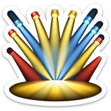 An emoji of stage lights shining brightly. Multiple spotlights in different colors (blue, yellow, red) angled towards a stage, creating a dramatic and concert-like atmosphere. Beams of light cutting through the darkness with a slight glow effect sticker