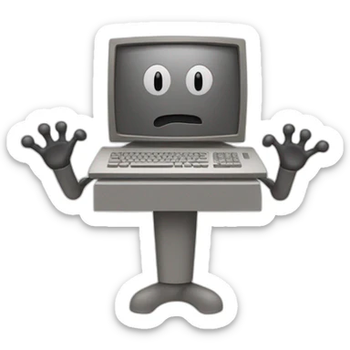 Anthropomorphic computer with a face, arms and legs doing something random sticker