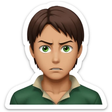 “Make him look like Eren Yeager S3 — long brown hair tied back, strong jawline, sharp green eyes, that cold, intense Eren vibe.” sticker