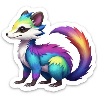 Colorful diaphanous Trico-Wickerbeast-Sergal-Skunk-Ferret-Furret-Marsupial-Vernid-fusion-Fakemon-animal-hybrid-creature, full body sticker