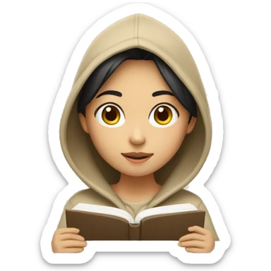  a  asian girl wearing beige hoodie, studying sticker