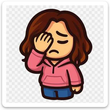 chibi emote of the woman from the reference images, wearing a pink hoodie and jeans, facepalming, no headband, no wand, transparent background sticker