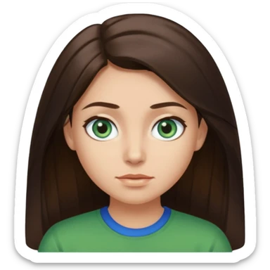 long dark brown hair with highlights in the front, big blue eyes clear skin with neck and green top on sticker