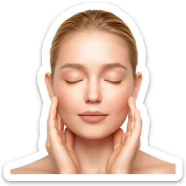 Close-up beauty portrait of a young white blonde woman with dewy, glowing skin, eyes closed, gently touching her cheeks with both hands. Her skin looks hydrated and luminous with a natural glossy finish. Soft neutral makeup, groomed brows, nude lips. Hair pulled back neatly. sticker