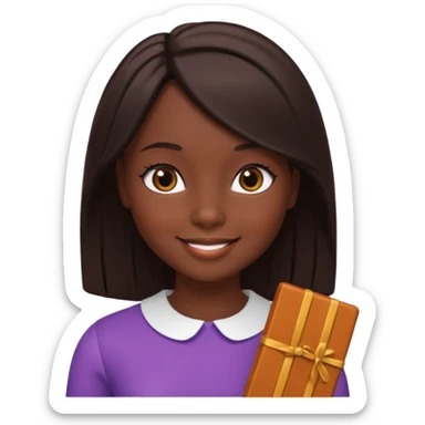 Boneca digital em estilo 3D realista e fofo, semelhante a uma boneca colecionável. Mulher jovem com pele negra, olhos castanhos escuros, cabelo liso cor chocolate, longo e bem alinhado.  sticker
