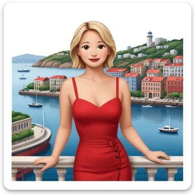 jennifer lawrence, red dress leaning on a balcony with a harbor and cityscape in the background, smiling, closeup sticker