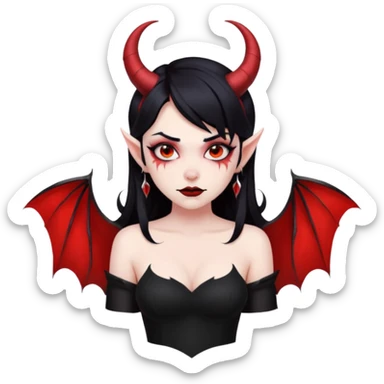 Demon girl, entire skin solid red, black hair, horns, bat wing, black dress, tattoo-flash comic. sticker