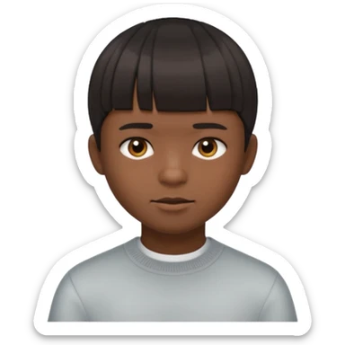 A boy no long hair À emoji that don’t smile Dark brown thick hair, short blunt fringe with straight bangs, a lot more compact textured top, evenly cut front, short tapered sides (shaved), clean modern haircut, realistic emoje style, neutral expression. sticker