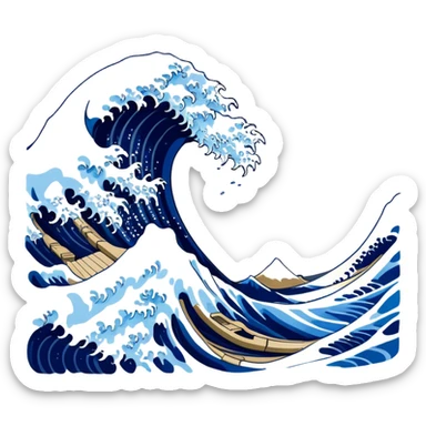 Cinematic Realistic Great Wave off Kanagawa, depicted as a colossal, crashing wave with dynamic blue hues and frothy white crests, rendered with intricate textures and fluid motion that captures both the timeless power and poetic beauty of the iconic Japanese artwork sticker