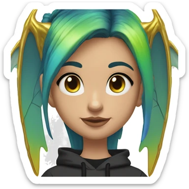 Lady with brunette and iridescent blue hair, gold, lime green dragon wings, black hoodie, oilslick holographic, black and gold Nike t shirt, and bright red eyes sticker