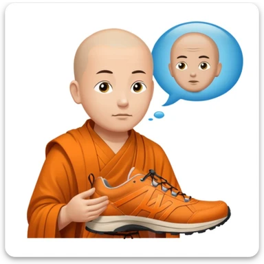 Je voudrais un moine bouddhiste avec un mulet qui pris en direction d’une paire de chaussures de trail, avec une bulle de pensée avec marqué trail sticker